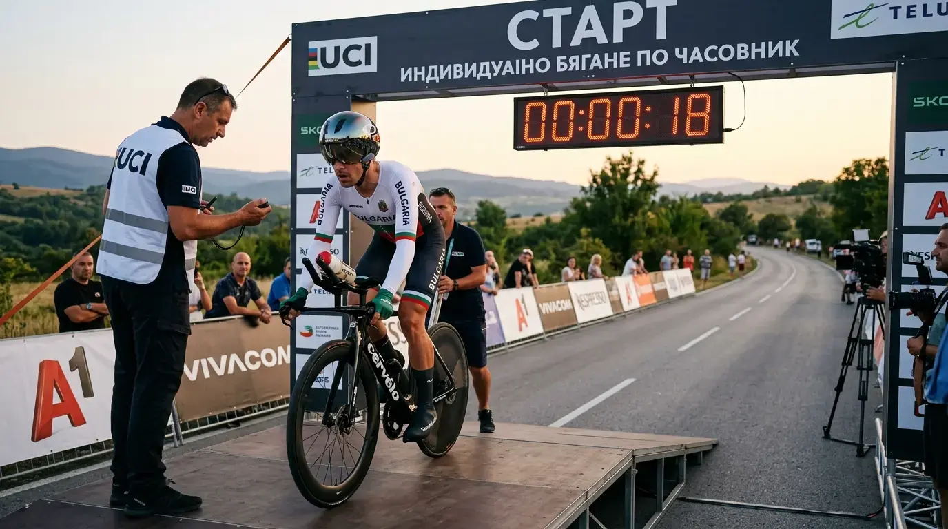 Колоездачи на старта на часовников етап с табло за времена на заден план