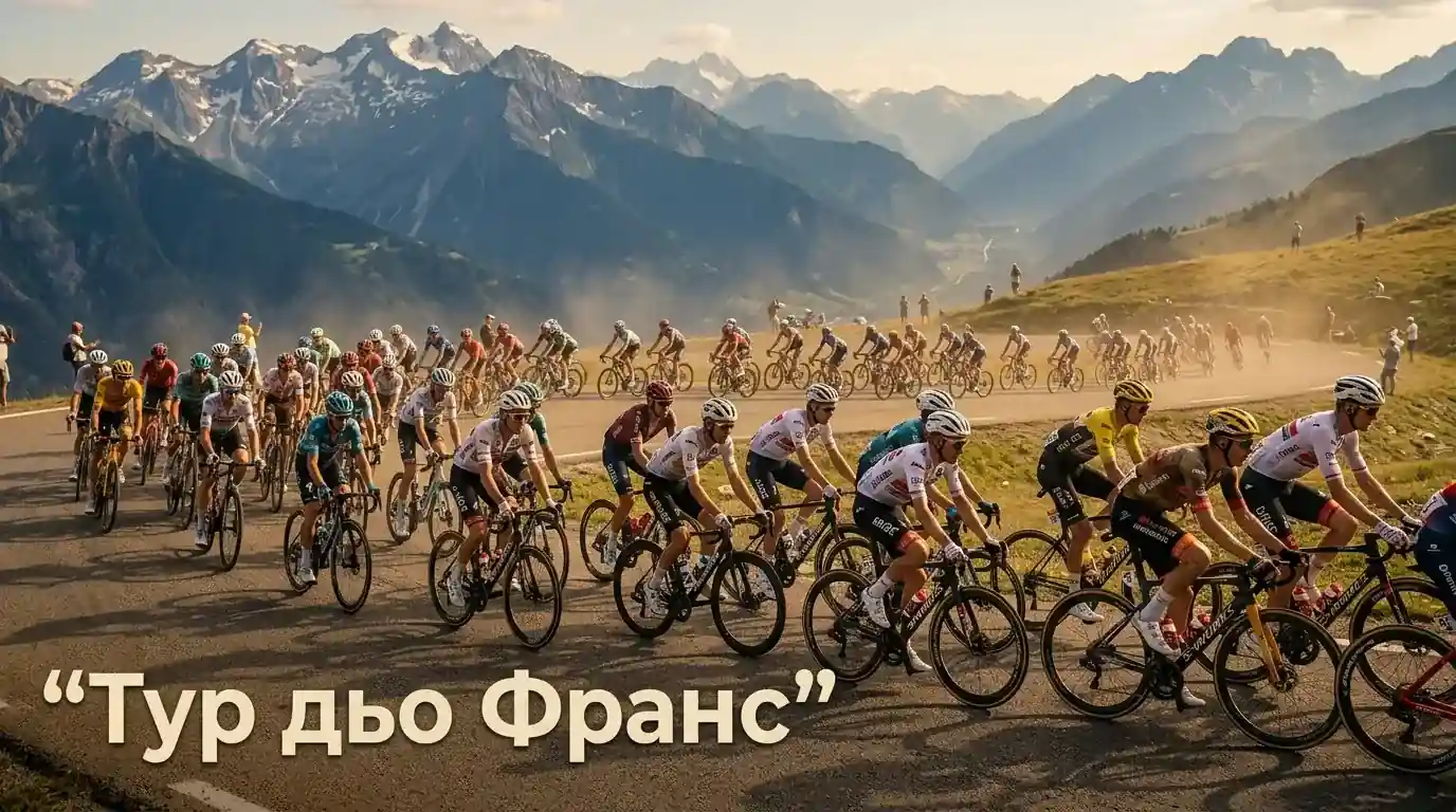 Пелотонът се изкачва по планински етап на Тур дьо Франс под жълтия амбър на залезната светлина